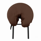 Chocolate microfiber fitted face cradle cover; fitted cover placed on a massage table face cradle; brushed microfiber fabric close-up in chocolate; folded chocolate face cradle covers; massage table with matching chocolate linens; wrinkle-resistant microfiber face cradle cover; professional massage table face cradle setup; chocolate fitted face rest cover