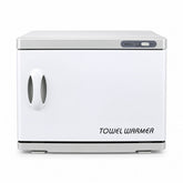 Large 18L towel warmer for spas; white professional towel warmer; 18L spa towel warmer with free hand towels; towel warmer holding 36 spa towels; compact salon towel warmer; spa towel warmer with white cotton hand towels