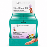 Lavender and aloe hand mask with vitamin C; pre-moistened lavender hand mask treatment; glove-style aloe hand mask; 30-minute lavender and vitamin C hand mask; hand mask removed from its pouch; lavender and aloe hand mask packaging; hands wearing a pre-moistened glove-style mask; single-use lavender hand-care mask