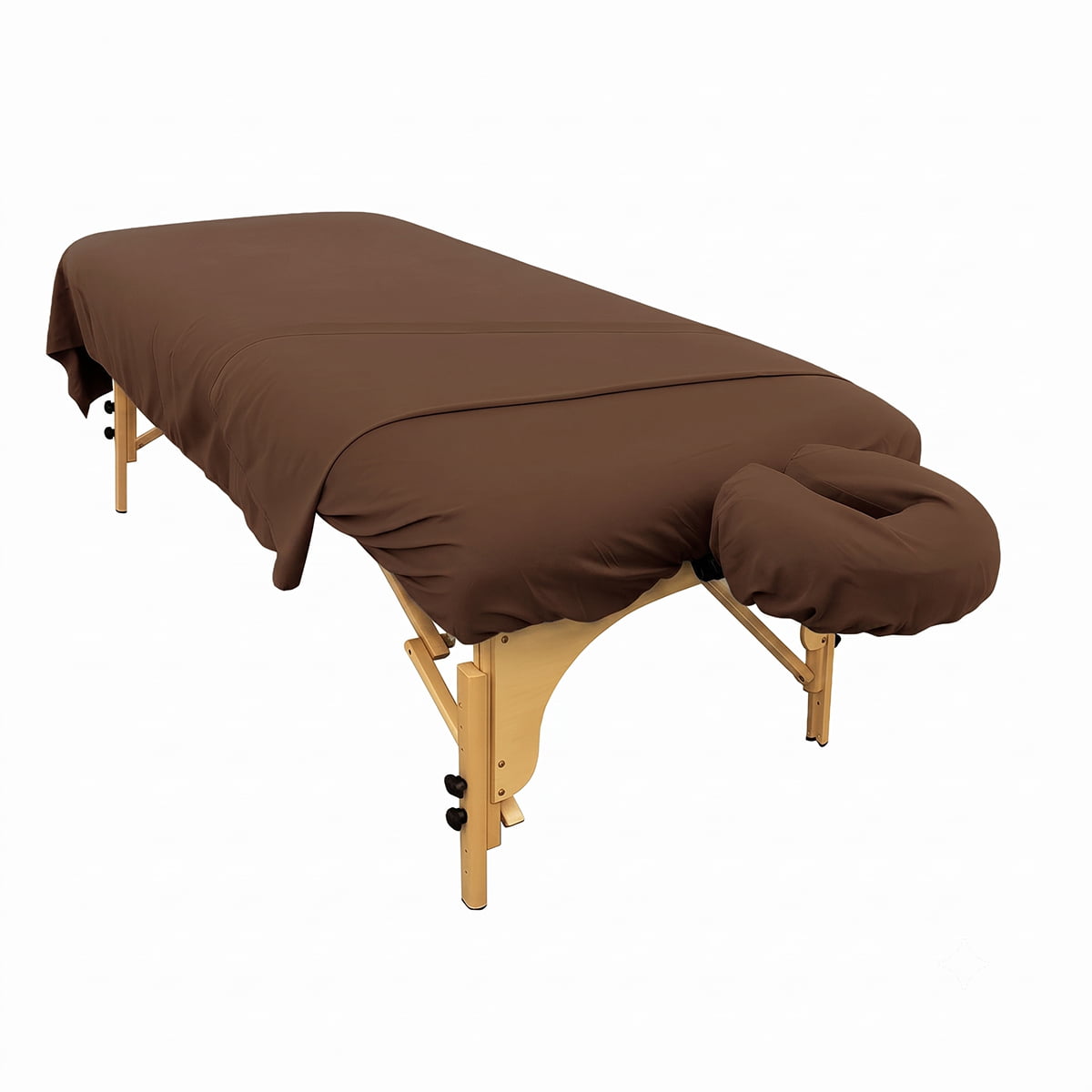 Chocolate microfiber massage table fitted sheet; chocolate flat massage table sheet laid out; brushed microfiber fabric close-up; fitted sheet covering a massage table; folded chocolate massage table linens; 48 by 88 inch microfiber sheet; 70 by 90 inch flat massage sheet; matching chocolate massage table linens