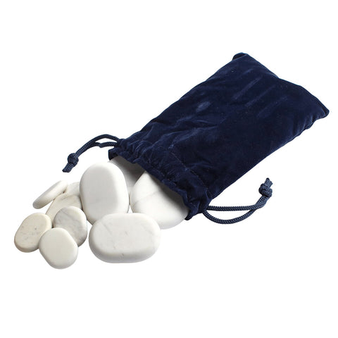 Marble Stone Set with 15 cold massage stones; Oval marble massage stones in velvet bag; Cold therapy marble massage stones; Professional marble stone massage set; Large medium and small marble massage stones; Marble stones for hot and cold massage; Velvet drawstring bag with marble stones; Cold massage stone therapy set