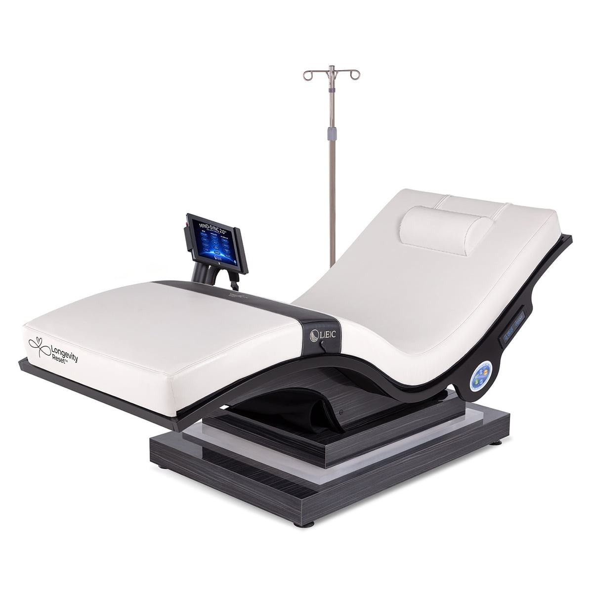 Living Earth Crafts Longevity Reset Wellness Lounger; commercial zero-gravity wellness lounger; Mind-Sync vibroacoustic wellness chair; Longevity Reset lounger with LED-lit IceBlock base; Celluma LED therapy wellness lounger; touchless recovery chair for wellness centres; zero-gravity lounger with dual-zone heat; Living Earth Crafts commercial wellness chair