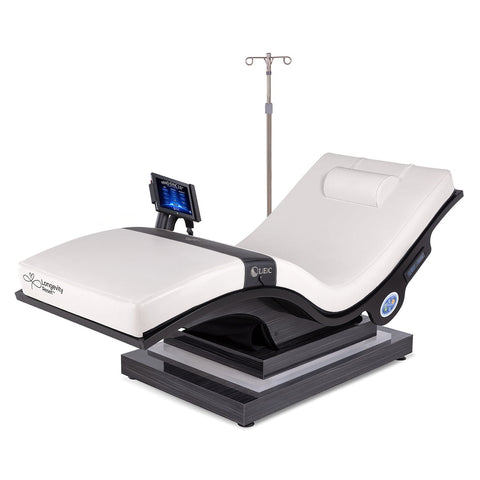 Living Earth Crafts Longevity Reset Wellness Lounger; commercial zero-gravity wellness lounger; Mind-Sync vibroacoustic wellness chair; Longevity Reset lounger with LED-lit IceBlock base; Celluma LED therapy wellness lounger; touchless recovery chair for wellness centres; zero-gravity lounger with dual-zone heat; Living Earth Crafts commercial wellness chair