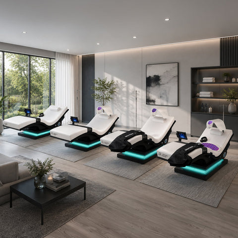 Living Earth Crafts Longevity Reset Wellness Lounger; commercial zero-gravity wellness lounger; Mind-Sync vibroacoustic wellness chair; Longevity Reset lounger with LED-lit IceBlock base; Celluma LED therapy wellness lounger; touchless recovery chair for wellness centres; zero-gravity lounger with dual-zone heat; Living Earth Crafts commercial wellness chair