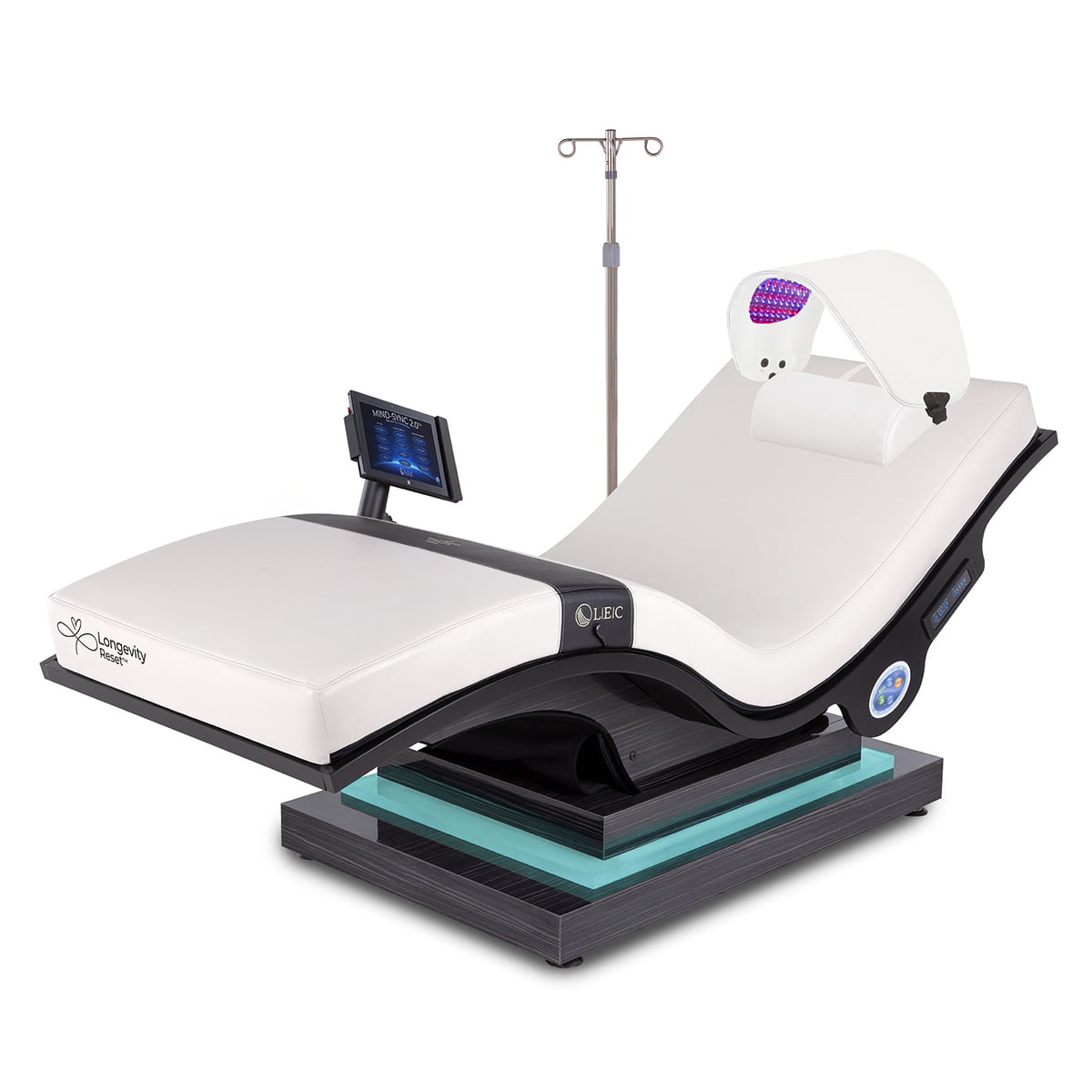 Living Earth Crafts Longevity Reset Wellness Lounger; commercial zero-gravity wellness lounger; Mind-Sync vibroacoustic wellness chair; Longevity Reset lounger with LED-lit IceBlock base; Celluma LED therapy wellness lounger; touchless recovery chair for wellness centres; zero-gravity lounger with dual-zone heat; Living Earth Crafts commercial wellness chair