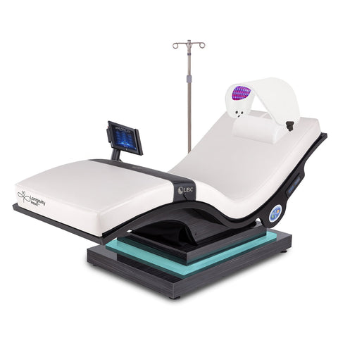 Living Earth Crafts Longevity Reset Wellness Lounger; commercial zero-gravity wellness lounger; Mind-Sync vibroacoustic wellness chair; Longevity Reset lounger with LED-lit IceBlock base; Celluma LED therapy wellness lounger; touchless recovery chair for wellness centres; zero-gravity lounger with dual-zone heat; Living Earth Crafts commercial wellness chair