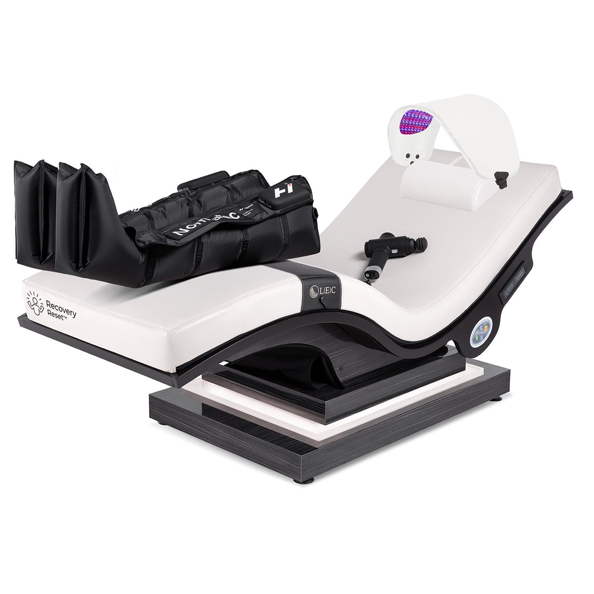 Living Earth Crafts Recovery Reset Lounger zero gravity recovery chair with compression therapy boots LED light therapy and percussion recovery tools