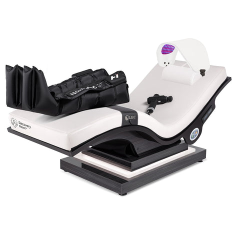 Living Earth Crafts Recovery Reset Lounger zero gravity recovery chair with compression therapy boots LED light therapy and percussion recovery tools