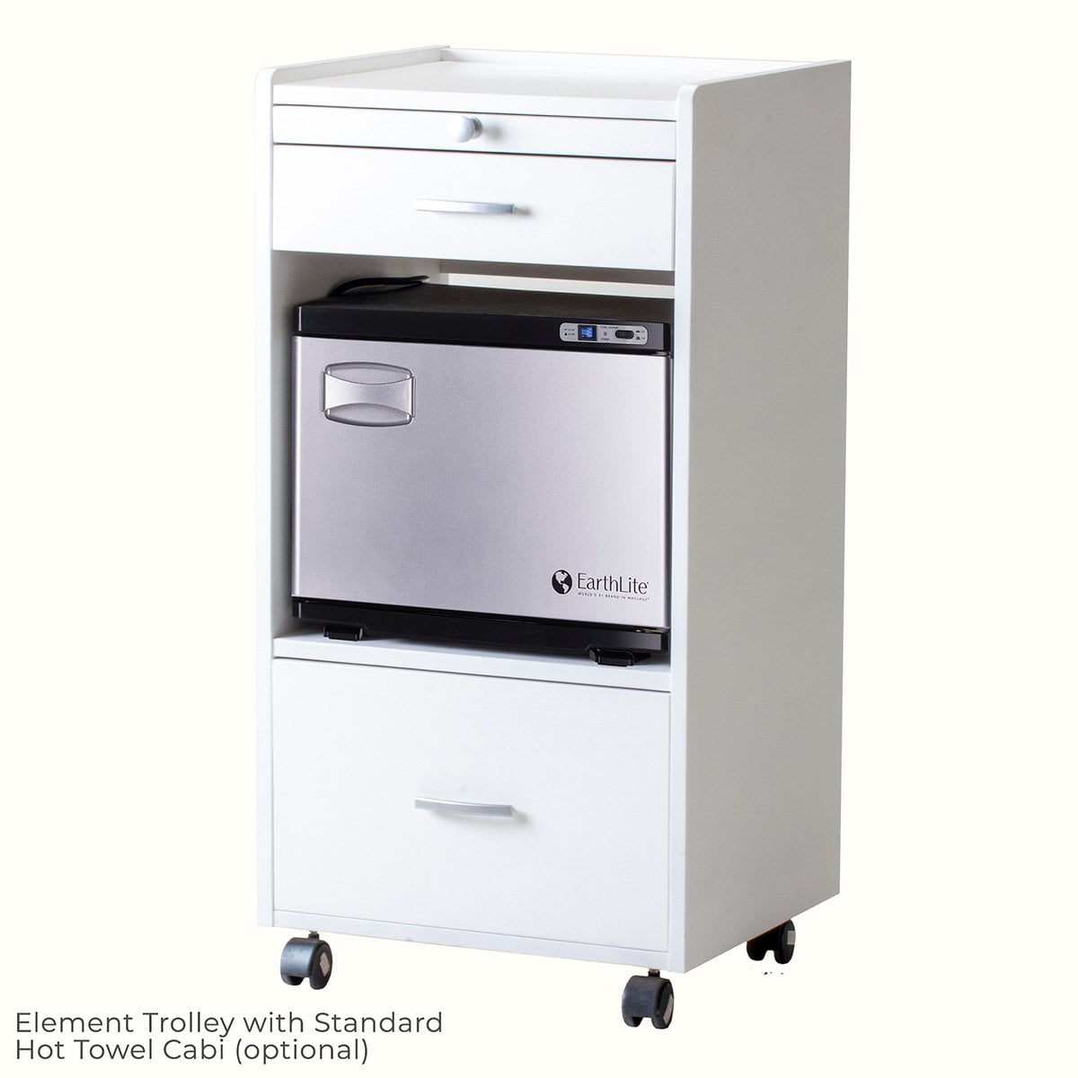 Earthlite Element spa trolley with White Ash finish and two supply drawers