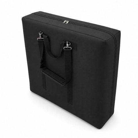  Massage Table Carry Case in heavy-duty nylon; professional portable massage table carrying bag; padded shoulder strap on massage table case; reinforced bottom of massage table carry bag; double handles on portable massage table case; internal accessory pouch inside massage table bag; 30 inch Massage Table Carry Case; 32 inch professional massage table bag; heavy-duty nylon carry case with zipper pulls 