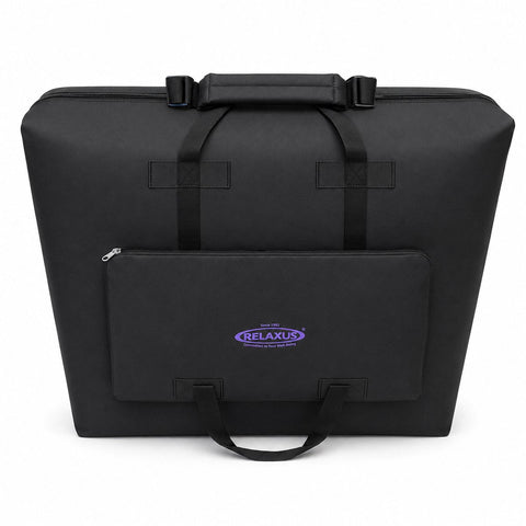  Massage Table Carry Case in heavy-duty nylon; professional portable massage table carrying bag; padded shoulder strap on massage table case; reinforced bottom of massage table carry bag; double handles on portable massage table case; internal accessory pouch inside massage table bag; 30 inch Massage Table Carry Case; 32 inch professional massage table bag; heavy-duty nylon carry case with zipper pulls 