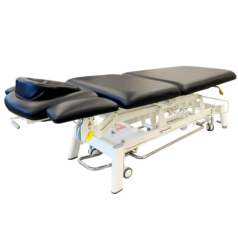 Relaxus Apollo Multi-Flex 3-section electric treatment table Electric treatment table with pneumatic assist
Clinical treatment table with face cradle and arm rests Heavy-duty electric physio treatment table
Relaxus Apollo treatment table side view Multidisciplinary clinic electric treatment table