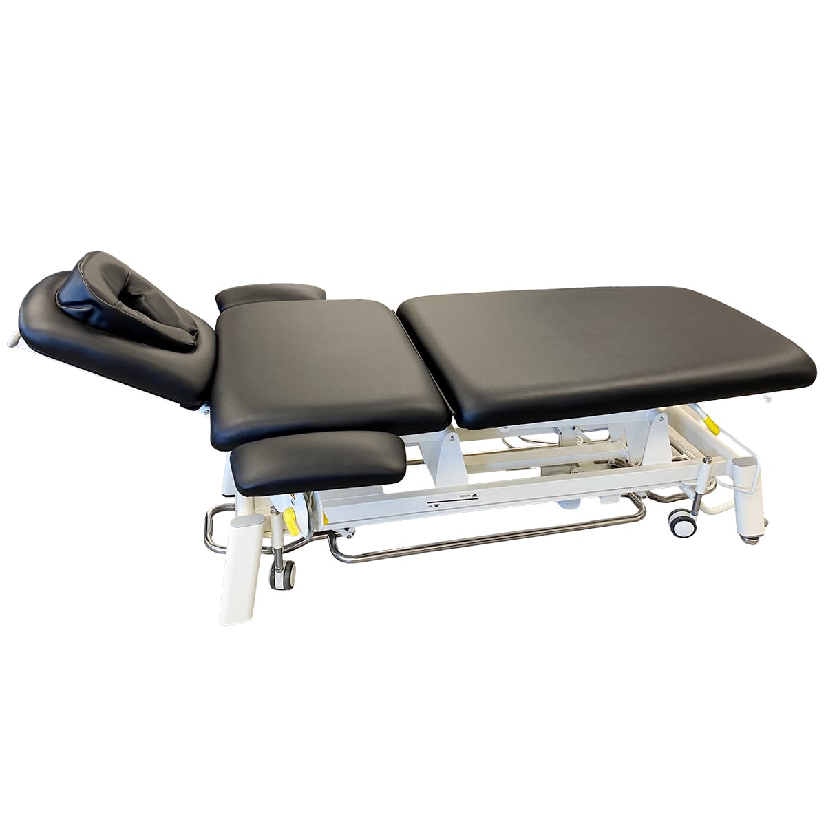 Relaxus Apollo Multi-Flex 3-section electric treatment table Electric treatment table with pneumatic assist
Clinical treatment table with face cradle and arm rests Heavy-duty electric physio treatment table
Relaxus Apollo treatment table side view Multidisciplinary clinic electric treatment table