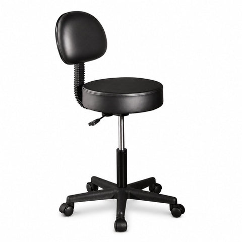 Rolling massage stool with back support Adjustable height rolling massage stool Black massage stool with wheels Treatment room stool with back support Rolling clinic stool with 15 inch seat Massage stool with 3 inch foam cushion
