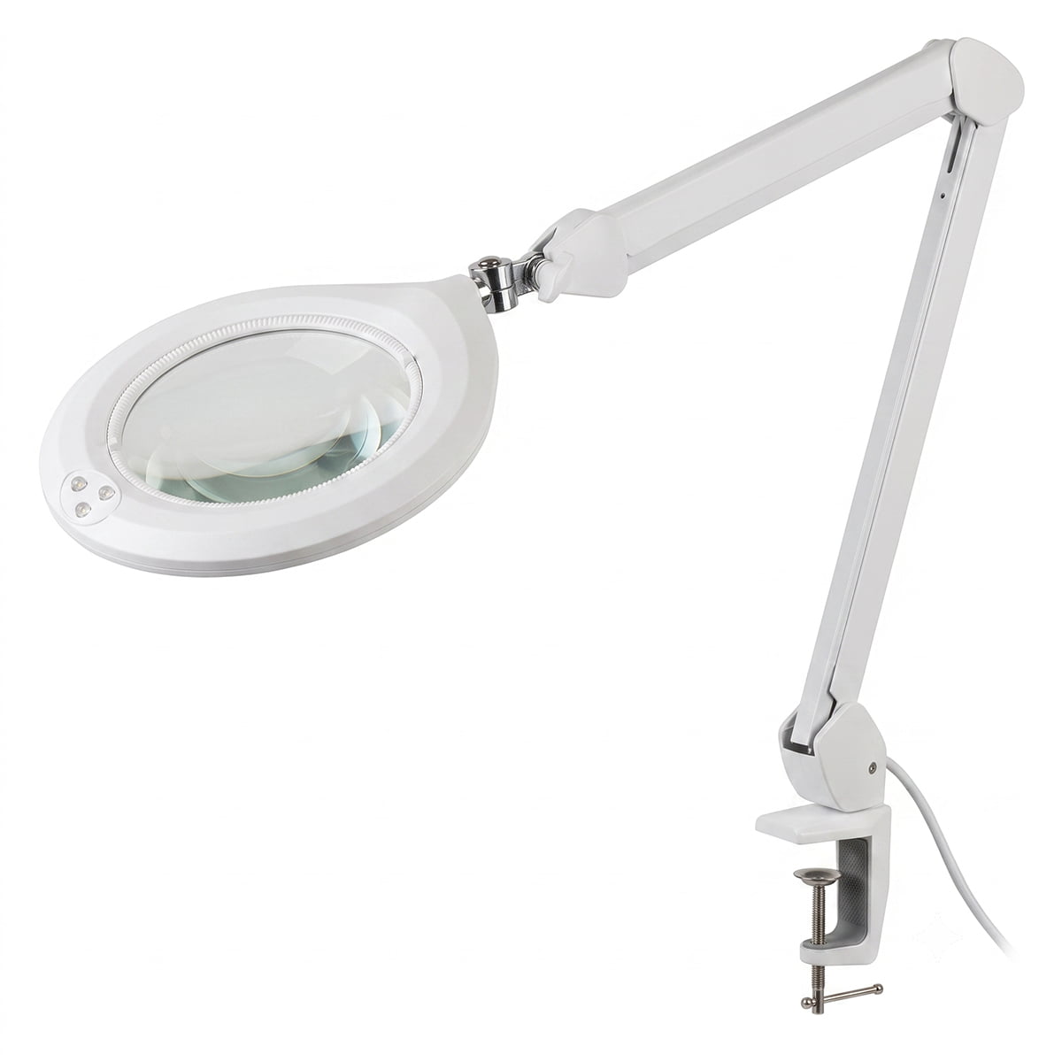 Silhouet-Tone C103 professional LED magnifying lamp; C103 magnifying lamp with articulated arm; 7-inch glass lens on Silhouet-Tone C103 lamp; LED ring surrounding the C103 magnifying lens; C103 table-clamp magnifying lamp for estheticians; Silhouet-Tone magnifying lamp positioned over a treatment table; Touch dimmer control on C103 LED magnifying lamp; Table clamp attachment for Silhouet-Tone C103 lamp.