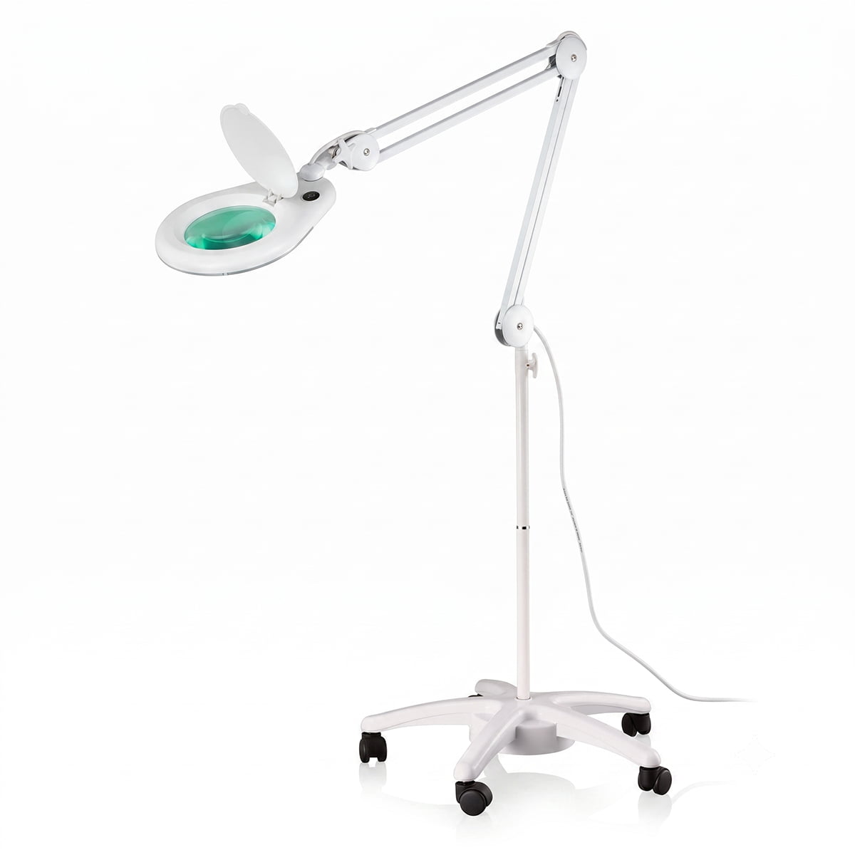 Silhouet-Tone L524 floor stand magnifier lamp; White L524 freestanding magnifier lamp; Silhouet-Tone magnifier lamp with five-foot floor base; L524 floor stand for professional treatment rooms; White floor stand magnifier lamp beside a treatment table; Five-foot base on Silhouet-Tone L524 lamp; L524 magnifier lamp for esthetician workspaces; Disassembled L524 floor stand components before assembly