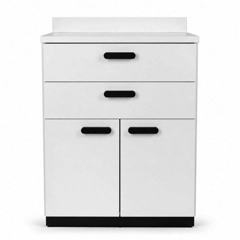 Clinic 2-drawer medical storage cabinet; grey clinic cabinet with soft-close drawers; freestanding treatment room storage cabinet; medical-grade laminate storage cabinet; clinic supply cabinet with seamless countertop; compact wellness centre storage unit