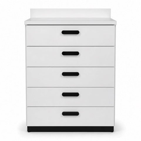 Clinic 5-drawer medical storage cabinet; grey clinic cabinet with soft-close drawers; freestanding treatment room storage cabinet; medical-grade laminate storage cabinet; clinic supply cabinet with seamless countertop; compact wellness centre storage unit
