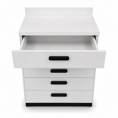Clinic 5-drawer medical storage cabinet; grey clinic cabinet with soft-close drawers; freestanding treatment room storage cabinet; medical-grade laminate storage cabinet; clinic supply cabinet with seamless countertop; compact wellness centre storage unit