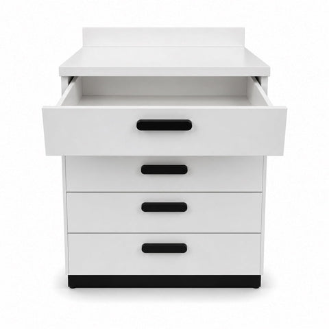 Clinic 5-drawer medical storage cabinet; grey clinic cabinet with soft-close drawers; freestanding treatment room storage cabinet; medical-grade laminate storage cabinet; clinic supply cabinet with seamless countertop; compact wellness centre storage unit