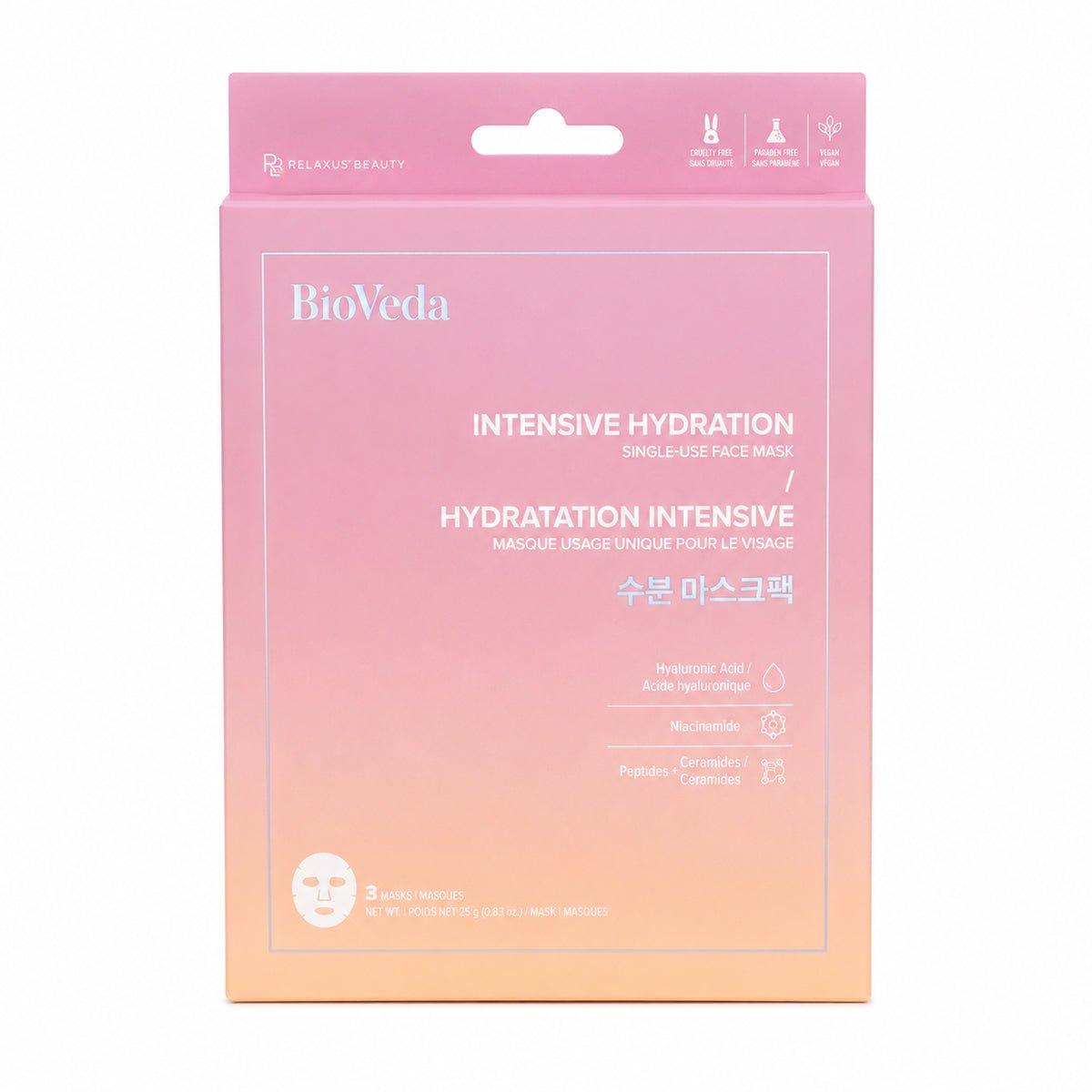Relaxus Beauty BioVeda Intensive Hydration face mask pack; single use hydrating face mask with Hyaluronic Acid; hydrating sheet mask with Niacinamide and Ceramides; vegan face mask 3 pack; pre-moistened hydration face mask; BioVeda intensive hydration skincare mask