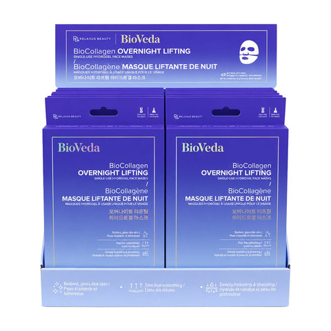 BioVeda BioCollagen Overnight Lifting face mask box; BioVeda single-use hydrogel face mask packaging; BioVeda BioCollagen Overnight Lifting hydrogel mask; BioVeda collagen face mask with hyaluronic acid; BioVeda overnight hydrogel face mask packaging; BioVeda face mask with peptides and ceramides; BioVeda vegan hydrogel face mask; BioVeda paraben-free cruelty-free face mask; BioVeda BioCollagen skincare mask. 