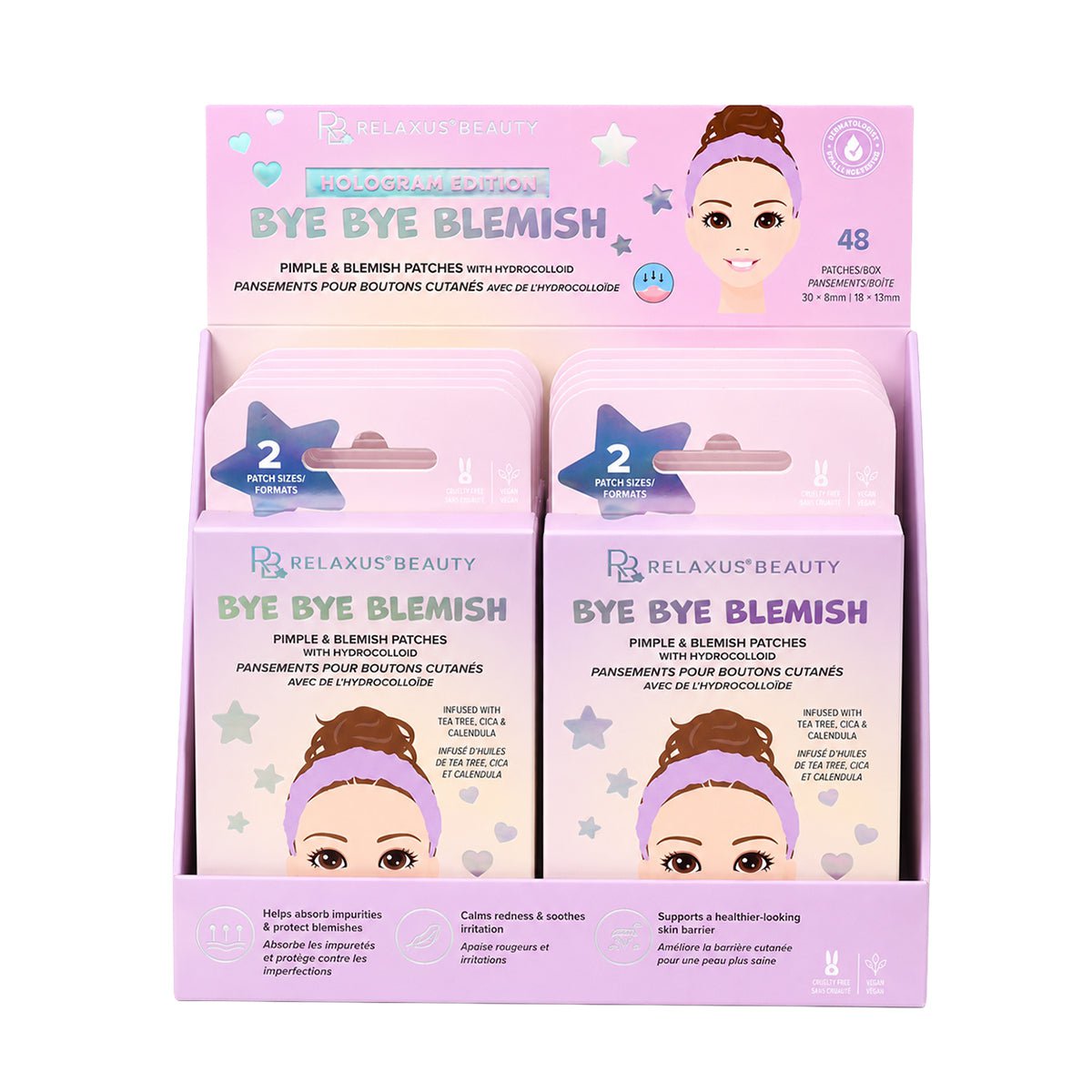 Bye Bye hologram hydrocolloid pimple and blemish patches
Hologram pimple patches in 8 mm and 13 mm sizes 48-count hologram hydrocolloid blemish patches
Hologram patch applied directly to a facial blemish Hydrocolloid pimple patches with tea tree, cica and calendula Two sizes of hologram blemish patches Vegan and cruelty-free hologram pimple patches
Hologram patches for targeted blemish care