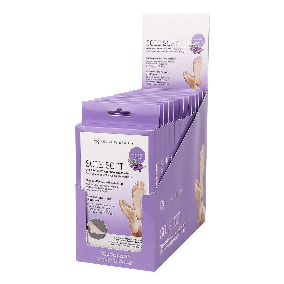 Sole Soft deep exfoliation foot treatment; single-use foot peel treatment socks; exfoliating foot socks with lactic acid; at-home foot peel with glycolic acid; pre-filled foot treatment socks; exfoliating foot-care treatment