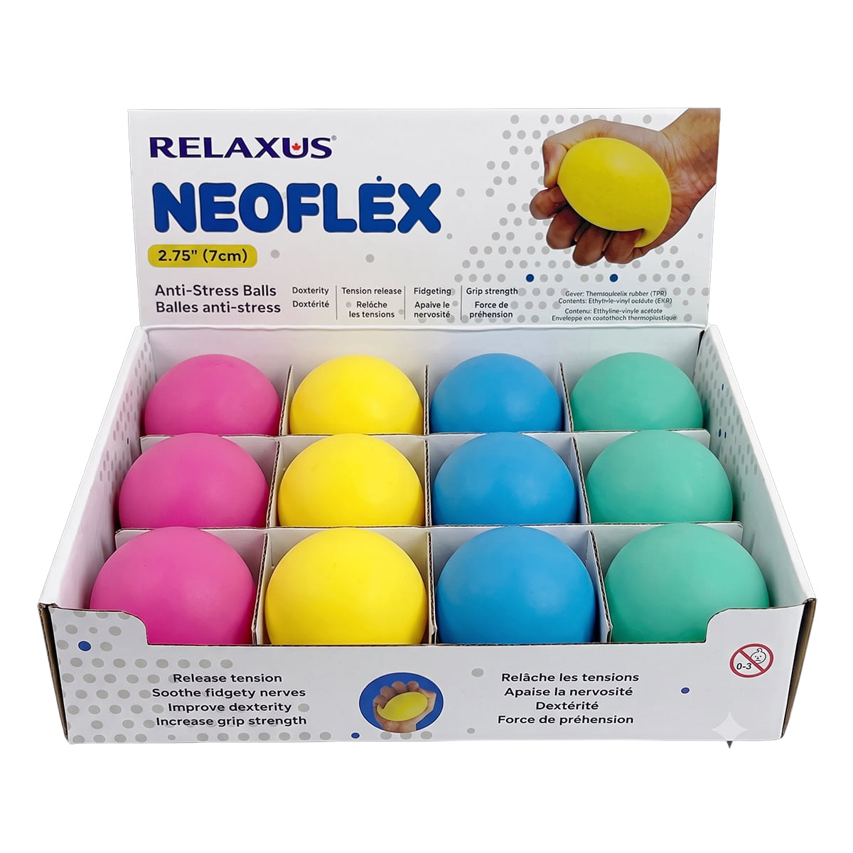 Neoflex stress balls for grip exercises; tactile stress balls in two sizes; thermoplastic rubber stress ball; squeeze ball with EVA filling; compact fidget stress ball; hand dexterity 