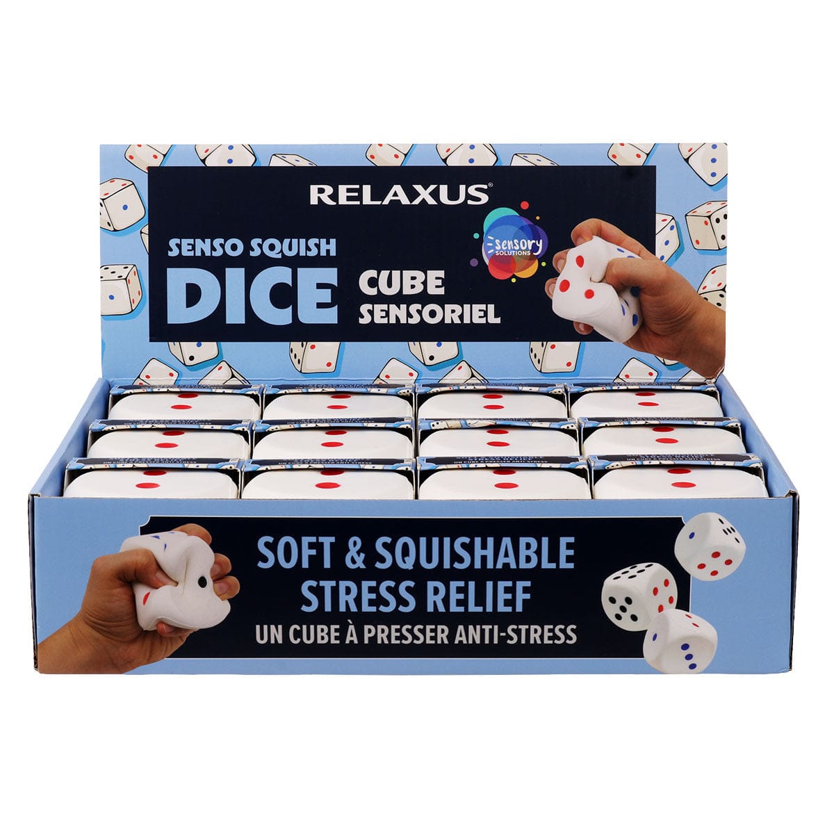 Senso Squish Dice sensory fidget toy; soft slow-rise foam dice; 7 cm polyurethane squish dice; tactile fidget dice for study breaks; soft sensory toy for game time; compact foam dice for travel