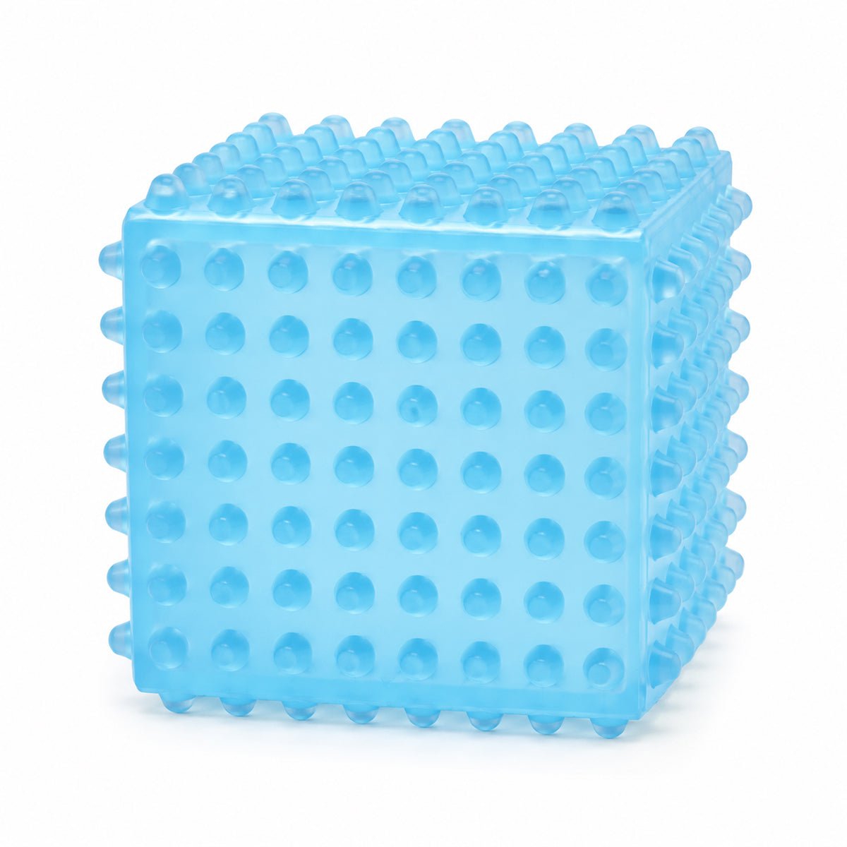 SensoFlex sensory squeeze cube toy in bright green; pink SensoFlex anti-stress squeeze cube on display stand; blue textured squeeze cube sensory toy; SensoFlex squeeze cube held in hand; textured sensory cube toy with raised bumps; pink blue and bright green SensoFlex squeeze cubes; anti-stress squeeze cube display of 12; SensoFlex tactile fidget toy