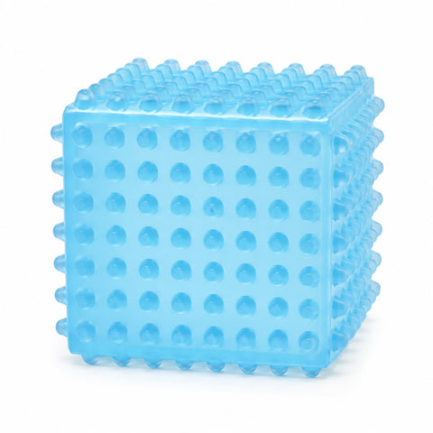 SensoFlex sensory squeeze cube toy in bright green; pink SensoFlex anti-stress squeeze cube on display stand; blue textured squeeze cube sensory toy; SensoFlex squeeze cube held in hand; textured sensory cube toy with raised bumps; pink blue and bright green SensoFlex squeeze cubes; anti-stress squeeze cube display of 12; SensoFlex tactile fidget toy