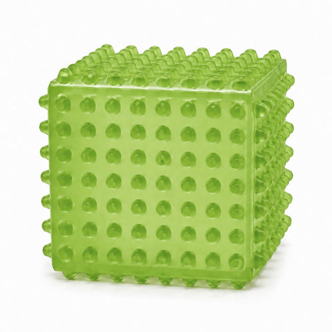 SensoFlex sensory squeeze cube toy in bright green; pink SensoFlex anti-stress squeeze cube on display stand; blue textured squeeze cube sensory toy; SensoFlex squeeze cube held in hand; textured sensory cube toy with raised bumps; pink blue and bright green SensoFlex squeeze cubes; anti-stress squeeze cube display of 12; SensoFlex tactile fidget toy