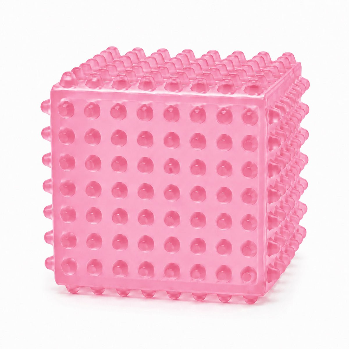 SensoFlex sensory squeeze cube toy in bright green; pink SensoFlex anti-stress squeeze cube on display stand; blue textured squeeze cube sensory toy; SensoFlex squeeze cube held in hand; textured sensory cube toy with raised bumps; pink blue and bright green SensoFlex squeeze cubes; anti-stress squeeze cube display of 12; SensoFlex tactile fidget toy