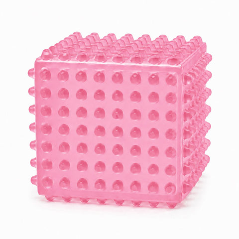 SensoFlex sensory squeeze cube toy in bright green; pink SensoFlex anti-stress squeeze cube on display stand; blue textured squeeze cube sensory toy; SensoFlex squeeze cube held in hand; textured sensory cube toy with raised bumps; pink blue and bright green SensoFlex squeeze cubes; anti-stress squeeze cube display of 12; SensoFlex tactile fidget toy