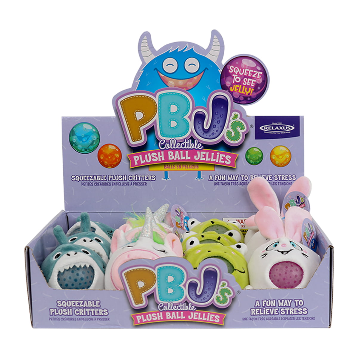 PBJ Collectible Plush Ball Jellies; gel-filled plush sensory toy; Lily frog plush ball jelly; Mako shark squish plush toy; Hopscotch bunny sensory plush; Rainbow unicorn gel ball plush