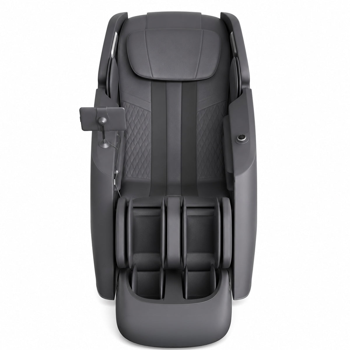 Relaxus 4D Aurora Massage Chair in white and grey; Relaxus Aurora massage chair side view; 4D massage mechanism inside Relaxus Aurora chair; Relaxus Aurora waist heating feature; Relaxus Aurora air compression massage chair; Relaxus Aurora 140 degree foot and ankle stretch; Relaxus Aurora large-screen controller; Relaxus Aurora ergonomic massage track
