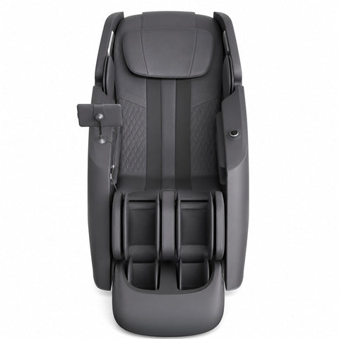 Relaxus 4D Aurora Massage Chair in white and grey; Relaxus Aurora massage chair side view; 4D massage mechanism inside Relaxus Aurora chair; Relaxus Aurora waist heating feature; Relaxus Aurora air compression massage chair; Relaxus Aurora 140 degree foot and ankle stretch; Relaxus Aurora large-screen controller; Relaxus Aurora ergonomic massage track