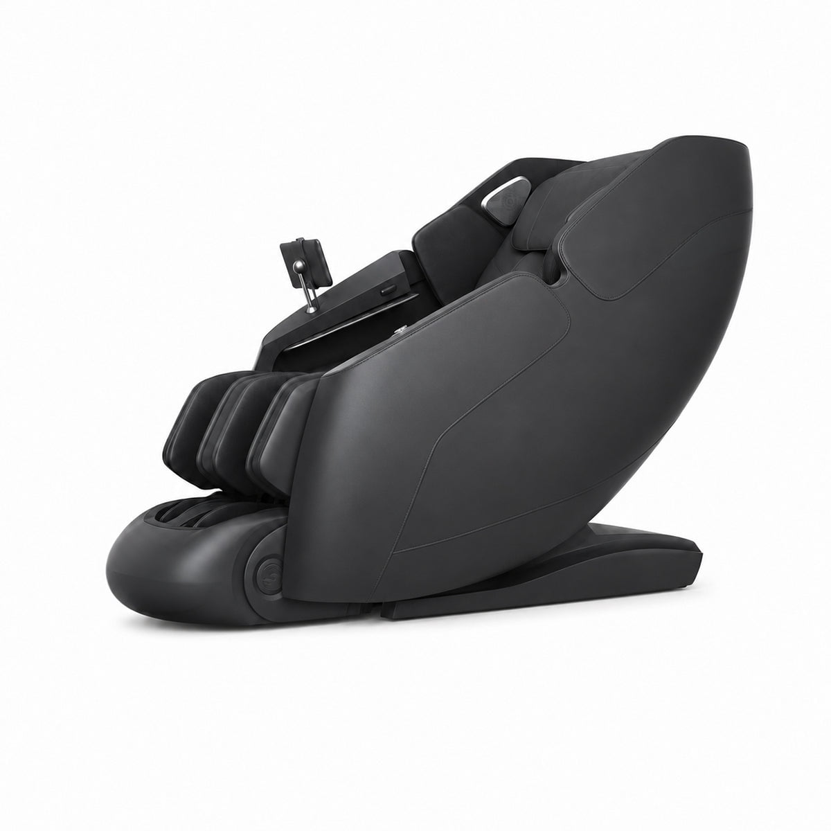 Relaxus 4D Aurora Massage Chair in white and grey; Relaxus Aurora massage chair side view; 4D massage mechanism inside Relaxus Aurora chair; Relaxus Aurora waist heating feature; Relaxus Aurora air compression massage chair; Relaxus Aurora 140 degree foot and ankle stretch; Relaxus Aurora large-screen controller; Relaxus Aurora ergonomic massage track