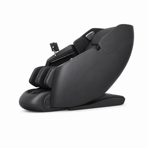 Relaxus 4D Aurora Massage Chair in white and grey; Relaxus Aurora massage chair side view; 4D massage mechanism inside Relaxus Aurora chair; Relaxus Aurora waist heating feature; Relaxus Aurora air compression massage chair; Relaxus Aurora 140 degree foot and ankle stretch; Relaxus Aurora large-screen controller; Relaxus Aurora ergonomic massage track