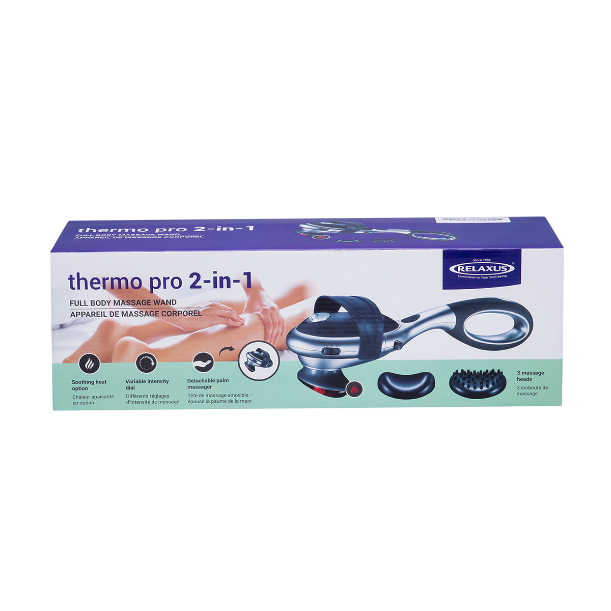 Thermo Pro 2-in-1 heated handheld massager; handheld massager with detachable palm attachment; adjustable intensity heated body massager; Thermo Pro massager with 3 massage heads; ergonomic handheld back and shoulder massager; heated handheld massager for home use