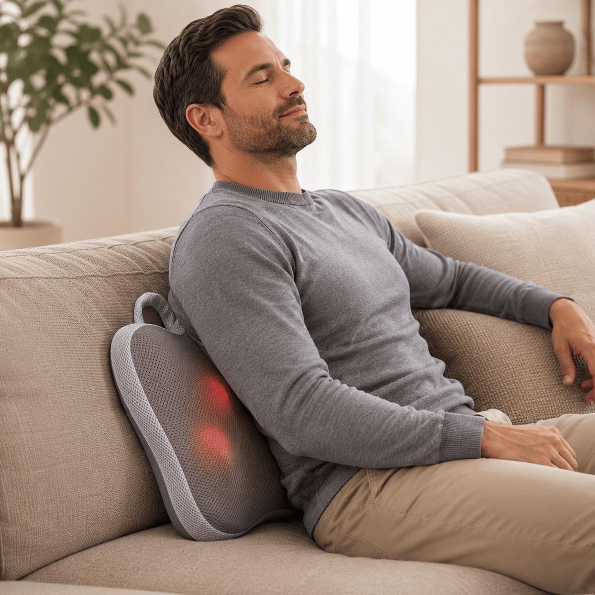 Thera Shiatsu cordless massage cushion with heat; cordless shiatsu massage cushion with breathable fabric cover; Thera massage cushion showing four rolling massage nodes; rechargeable shiatsu massage cushion for neck and shoulders; massage cushion positioned for lower back massage; cordless massage cushion with optional heat function; Thera Shiatsu massage cushion with removable washable cover; rechargeable massage cushion with 2000 mAh battery.