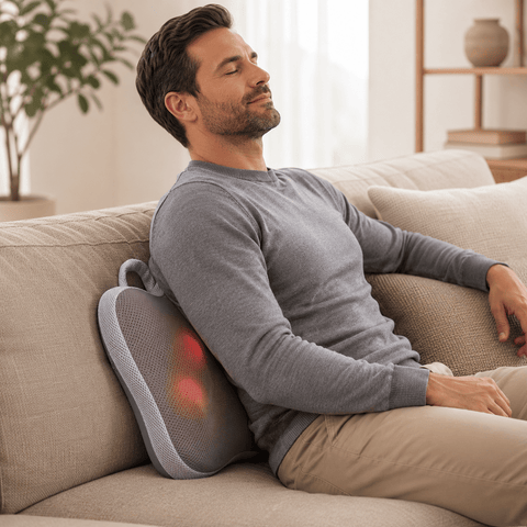 Thera Shiatsu cordless massage cushion with heat; cordless shiatsu massage cushion with breathable fabric cover; Thera massage cushion showing four rolling massage nodes; rechargeable shiatsu massage cushion for neck and shoulders; massage cushion positioned for lower back massage; cordless massage cushion with optional heat function; Thera Shiatsu massage cushion with removable washable cover; rechargeable massage cushion with 2000 mAh battery.