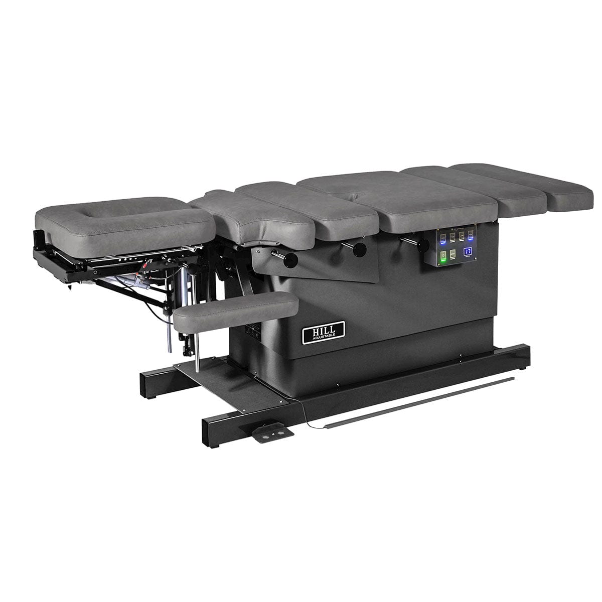 Hill Air-Drop HA90C chiropractic table
Electric chiropractic air drop table
Air thoracic breakaway section detail
Power foot strips on HA90C
Finesse upholstery chiropractic table