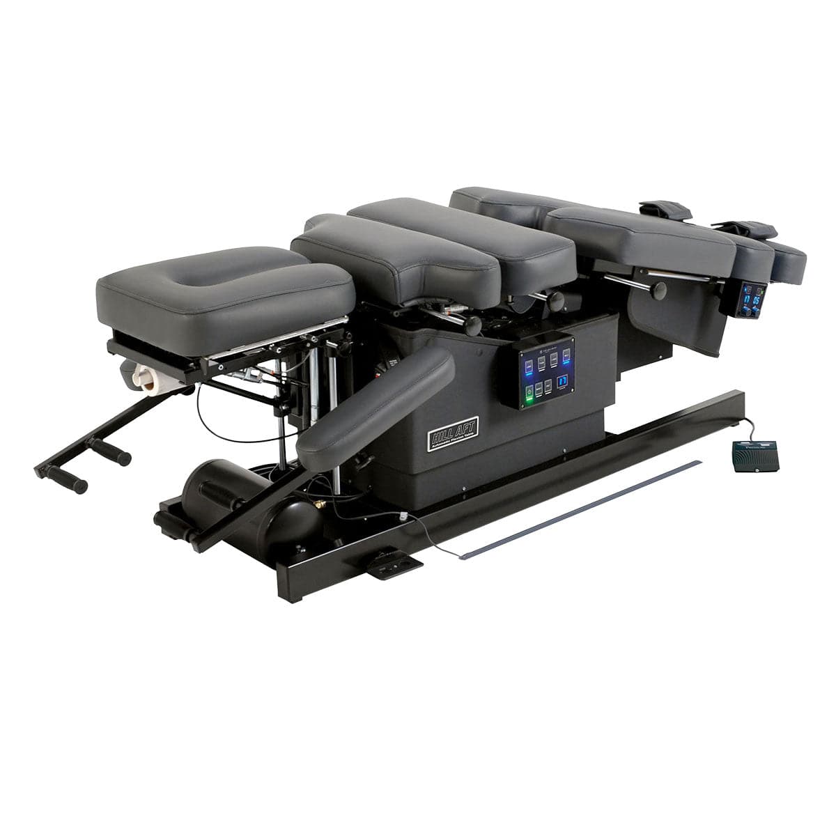 Hill AFT automatic flexion table
Automatic lumbar flexion chiropractic table Sliding axial motion headpiece detail Long axis lumbar distraction pedal Hill AFT with ankle straps extended