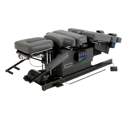 Hill AFT automatic flexion table
Automatic lumbar flexion chiropractic table Sliding axial motion headpiece detail Long axis lumbar distraction pedal Hill AFT with ankle straps extended