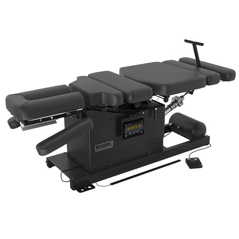 Hill Air Flex II flexion distraction table
Air Flex II touchscreen control panel
Manual air-powered flexion chiropractic table Air Flex II with ankle straps extended Hill Air Flex II headpiece detail
