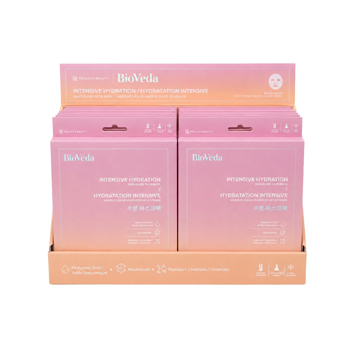 Relaxus Beauty BioVeda Intensive Hydration face mask pack; single use hydrating face mask with Hyaluronic Acid; hydrating sheet mask with Niacinamide and Ceramides; vegan face mask 3 pack; pre-moistened hydration face mask; BioVeda intensive hydration skincare mask
