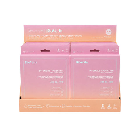 Relaxus Beauty BioVeda Intensive Hydration face mask pack; single use hydrating face mask with Hyaluronic Acid; hydrating sheet mask with Niacinamide and Ceramides; vegan face mask 3 pack; pre-moistened hydration face mask; BioVeda intensive hydration skincare mask