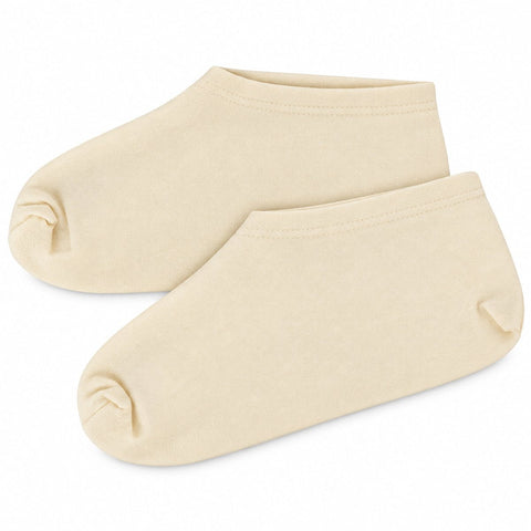 Unbleached Cotton Moisturizing Socks; Reusable cotton socks for overnight foot care; Lightweight unbleached cotton foot-treatment socks; Moisturizing socks worn over foot cream; Soft cotton socks for dry feet; Machine-washable moisturizing foot socks; Unbleached cotton socks with stretchable fit; Unbleached Cotton Moisturizing Socks product packaging.